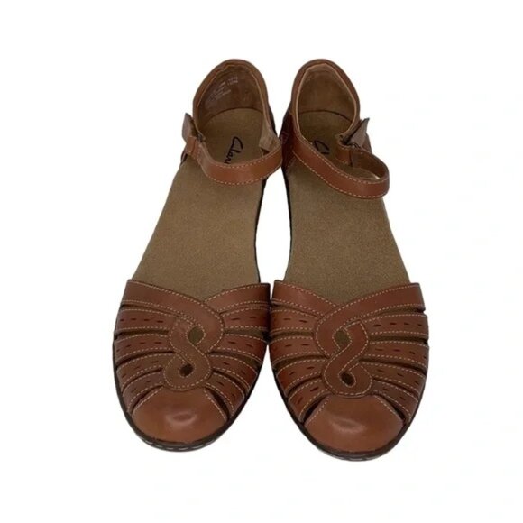 CLARKS Heeled Sandals Brown Leather Ankle Strap Size 10 - Picture 2 of 11